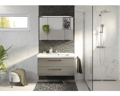 Helles Badezimmer mit Waschtischunterschrank, Spiegelschrank, Dusche und Dekorationen für eine moderne Einrichtung.