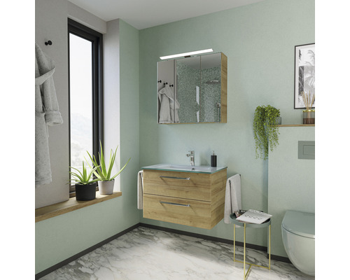 Modernes Badezimmer mit Waschtisch, Spiegelschrank und passender Toilette.