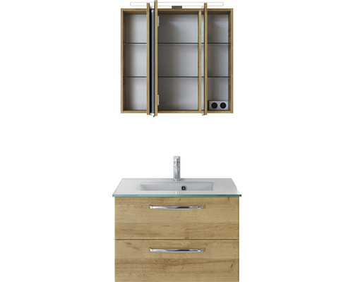 Waschtisch mit zwei Schubladen, Waschbecken und Spiegelschrank mit drei Türen