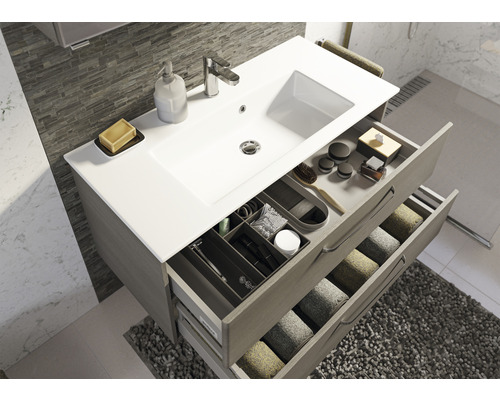 Badezimmer Waschbeckenunterschrank mit offen Schubladen, Waschtisch und Armatur