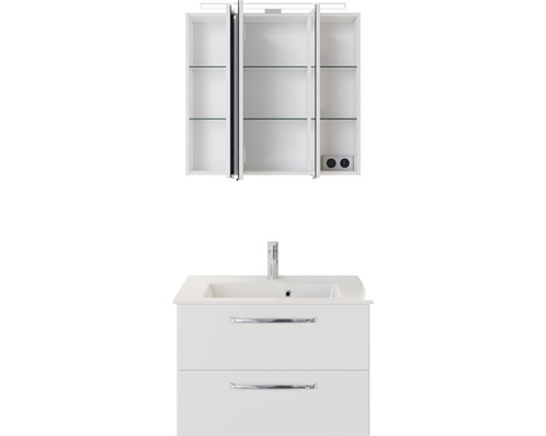 Weißer Waschtischunterschrank mit Aufsatzwaschbecken und Spiegelschrank mit drei Türen und Glasböden