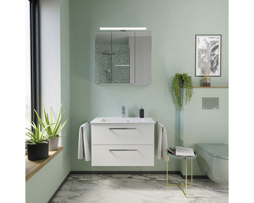 Helles Badezimmer mit Waschtischunterschrank, Spiegelschrank, Toilette und Dekorationen für eine freundliche Atmosphäre