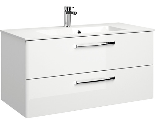 Waschtischunterschrank mit zwei Schubladen und einem Waschbecken sowie einer Armatur