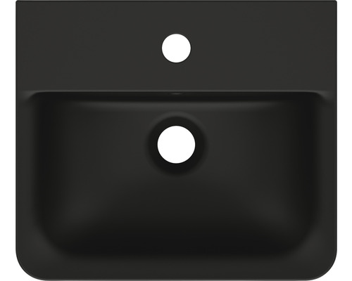 Schwarzes Waschbecken mit Hahnloch und Ablauf