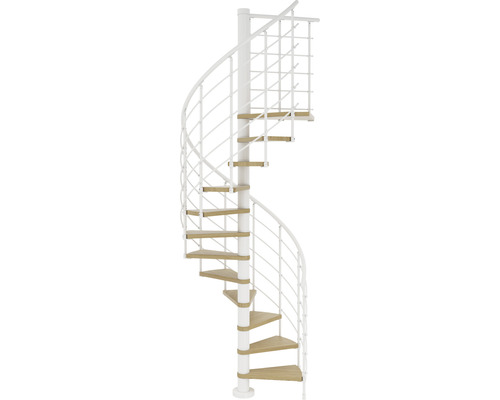 Pertura Spindeltreppe Koralia Eiche Leimholz Ø 140 cm Weiß 13 Stufen 14 Steigungen Wendeltreppe mit Holzstufen und weißem Geländer