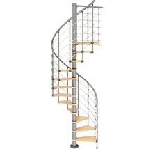 Spindeltreppe mit Holzstufen und Metallgeländer