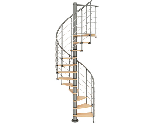 Wendeltreppe mit Holzstufen und Metallgeländer