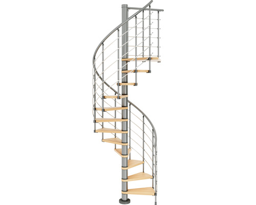 Wendeltreppe mit Holzstufen und Metallgeländer