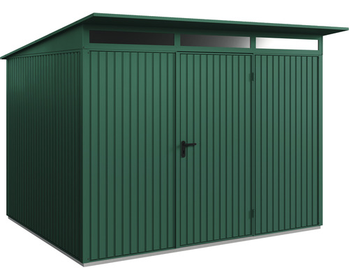 Gerätehaus Hörmann EcoStar Premiumline Trend-P Typ 3 RAL6005 Einzeltür 312,7 x 283,4 cm grün Gartenschuppen aus Metall mit Pultdach und Doppeltür