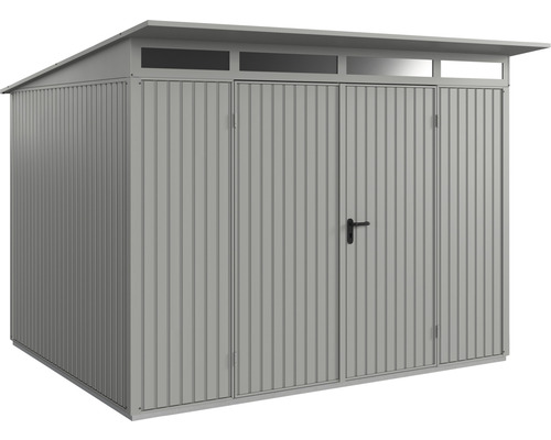 Gerätehaus Hörmann EcoStar Premiumline Trend-P Typ 3 RAL9007 Doppeltür 312,7 x 283,4 cm grau Gartengerätehaus aus Metall mit drei Türen und Oberlicht