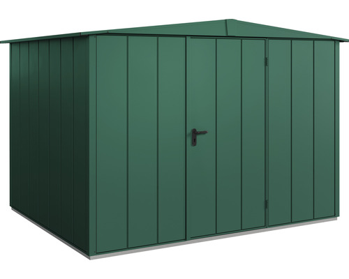 Gerätehaus Hörmann EcoStar Premiumline Elegant-S Typ 3 RAL6005 Einzeltür 323,6 x 247,7 cm grün Geräumiger Geräteschuppen aus Metall mit Doppeltür und Satteldach zur Aufbewahrung von Gartengeräten und Werkzeugen.