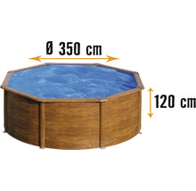 Aufstellpool aus Holz mit einem Durchmesser von 350 Zentimeter und einer Höhe von 120 Zentimeter