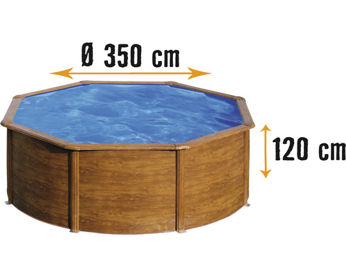 Aufstellpool aus Holz mit einem Durchmesser von 350 Zentimeter und einer Höhe von 120 Zentimeter