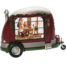 Schneekugel in Wohnwagenform mit Weihnachtsmann und Elf