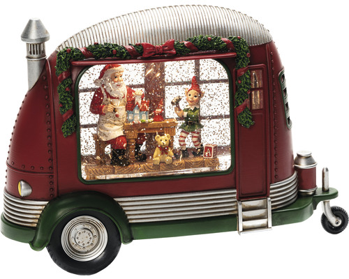 Schneekugel in Wohnwagenform mit Weihnachtsmann und Elf