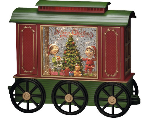 Dekorativer Weihnachtszug mit Schneekugel, Tannenbaum und Figuren als festliche Dekoration