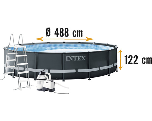 Aufstellpool Framepool-Set Intex Ultra rund Ø 488 x 122 cm inkl. Sandfilteranlage, Leiter, Abdeckplane, Untergrundfolie & Anschlussschlauch grau-0