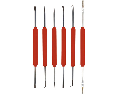 Set aus sechs Reinigungs- und Entgratwerkzeugen mit Griffen