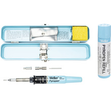 Weller Pyropen Set mit Lötkolben, Aufsätzen, Reinigungszubehör und Nachfüllpatrone in blauer Metallbox