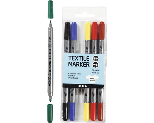 Textilmarker Set mit sechs Farben und doppelter Spitze