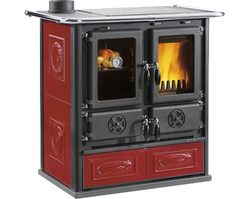 Küchenofen Dauerbrandofen Nordica Extraflame Rosetta rot Backraum Links mit Stahlplatten-Kochfeld Holzherd mit Backofen und Kochfeld
