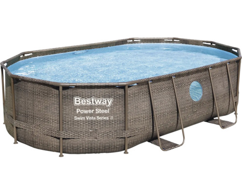 Aufstellpool Framepool-Set Bestway oval 488x305x107 cm inkl. Sandfilteranlage, Leiter, Abdeckplane & Anschlussschlauch grau