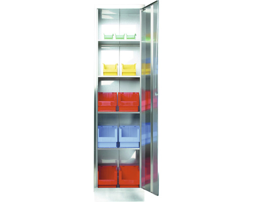 Edelstahlschrank Inox mit 4 Böden 500x1950x600 mm 1 Tür Offener Stahlschrank mit mehreren Regalen und verschiedenen farbigen Lagerboxen.