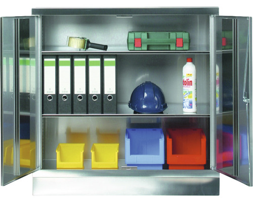 Edelstahlschrank Inox mit 2 Böden 1000x1050x500 mm 2 Türen Offener Metallschrank mit verschiedenen Werkzeugen und Materialien