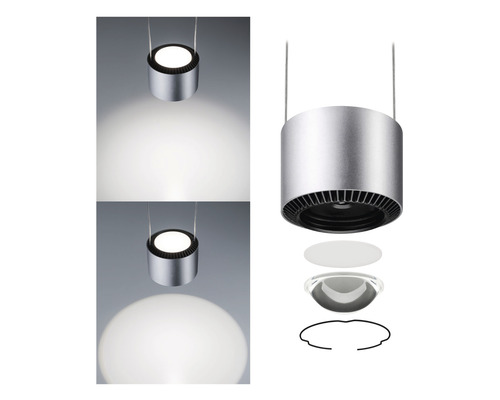 Hängelampe aus Metall mit Lichtkegel und Explosionsansicht