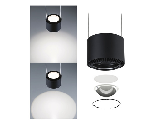 Schwarze LED-Hängeleuchte mit Lichteffekt und Explosionsansicht