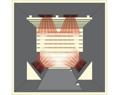 Innenansicht einer Sauna mit Holzbänken und Infrarotstrahlern