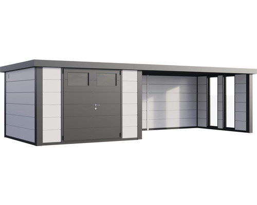 Modernes Gerätehaus mit Tür und seitlichem Unterstand