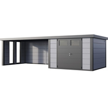 Gartenhaus Classico 3030 inkl. Lounge 4530 links mit Seitendach, Rück- und Seitenwand inkl. Fenster 782 x 318 cm lichtgrau