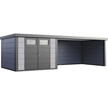 Gartenhaus Classico 3330 inkl. Lounge 4530 rechts mit Seitendach, Rück- und Seitenwand 812 x 318 cm lichtgrau