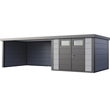 Gartenhaus Classico 3330 inkl. Lounge 4530 links mit Seitendach, Rück- und Seitenwand 812 x 318 cm lichtgrau