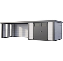 Modernes Gerätehaus mit Carport und abschließbarer Tür.