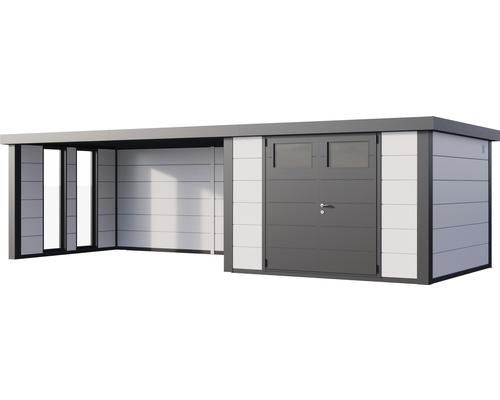 Modernes Gerätehaus mit Carport und abschließbarer Tür.