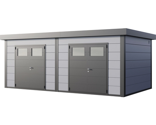 Doppelgarage aus Metall mit zwei Türen und Fenstern