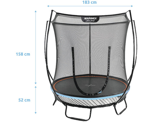 Trampolin mit Sicherheitsnetz und den Maßen 183 x 158 x 52 cm.