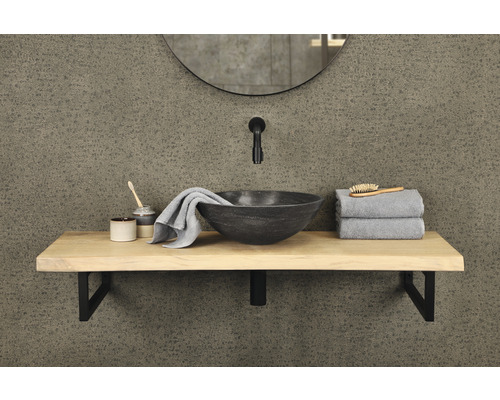 Badezimmerwaschtisch mit Aufsatzwaschbecken, Armatur, Spiegel und Handtüchern