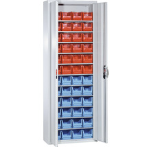 Werkstattschrank mit roten und blauen Lagerboxen