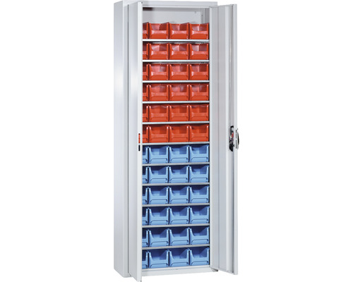 Werkstattschrank mit roten und blauen Lagerboxen