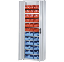 Offener Werkzeugschrank mit Regalen und Sortierkästen