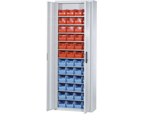 Magazinschrank Pro-Line A mit 48 Sichtlagerkästen grau 700x1980x300 mm 2 Türen Offener Werkzeugschrank mit Regalen und Sortierkästen