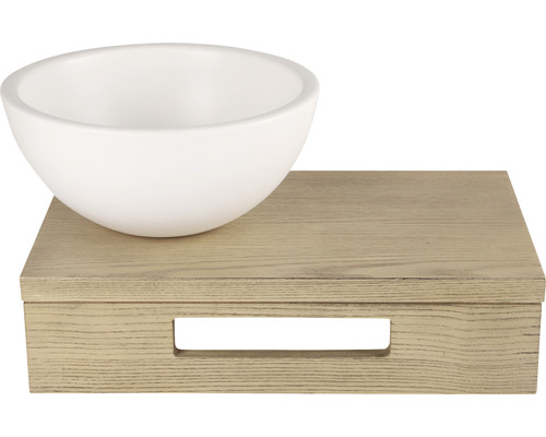 Waschbecken aus Keramik auf Holzkonsole