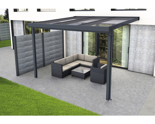 Terrassenüberdachung gutta Premium Acryl bronze 309 x 306 cm anthrazit Terrassenüberdachung mit Gartenmöbeln auf Terrasse