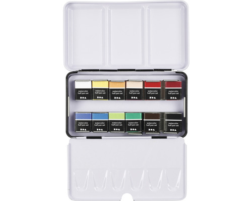 Aquarellfarbenkasten mit verschiedenen Farbtönen in einer Metallbox