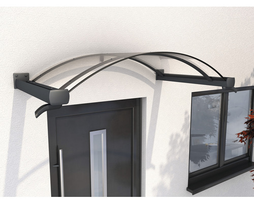 Gutta Bogenvordach BV/B 160x90 cm anthrazit mit Acrylglas-Abdeckung klar Türvordach mit Aluminiumrahmen und transparenter Abdeckung über einer Haustür