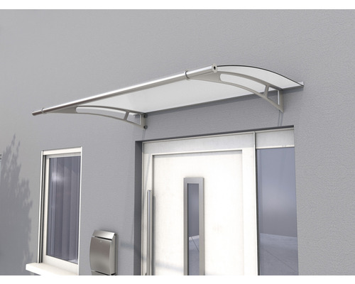 Gutta Pultvordach PT/L 150x95cm edelstahloptik Acrylglasplatte satiniert Haustürvordach aus Metall und Kunststoff montiert über einer Haustür.