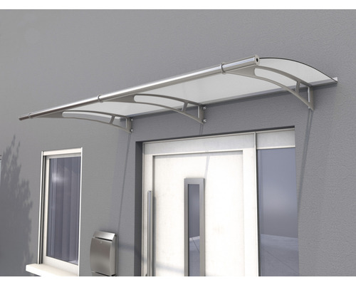 Gutta Pultvordach PT/L 190x95cm edelstahloptik Acrylglasplatte satiniert Vordach über einer Haustür mit Edelstahlrahmen und klarer Abdeckung.